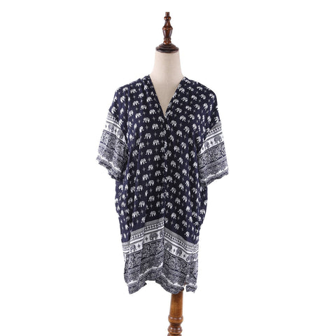 Yangtze Store Women's Sheer Poncho Cape Navy Theme Elephant Print CAR006