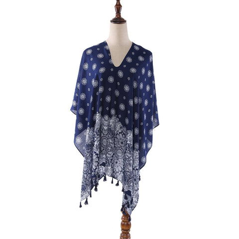 Yangtze Store Women's Sheer Poncho Cape Navy Theme Snowflake Print CAR011