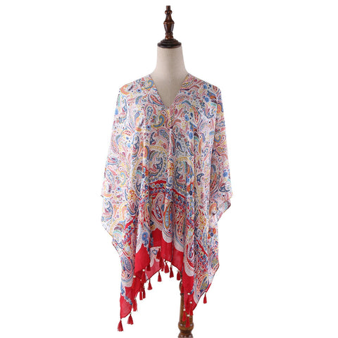 Yangtze Store Women's Sheer Poncho Cape Red Theme Paisley Print CAR002