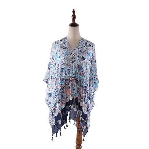 Yangtze Store Women's Sheer Poncho Cape Turquoise Theme Paisley Print CAR004