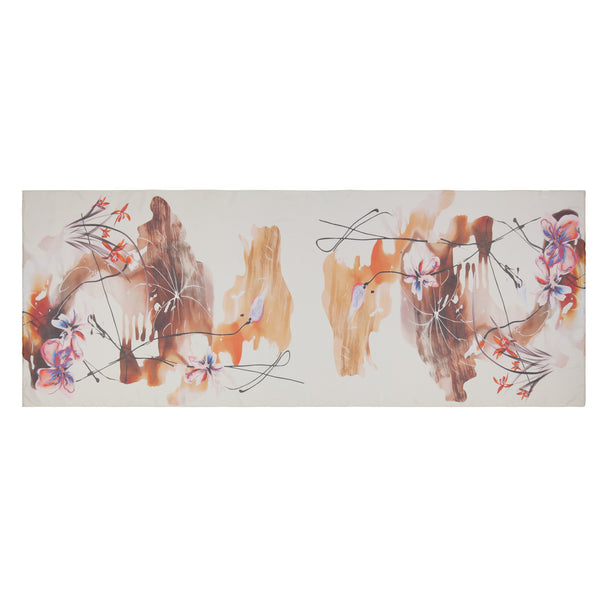 Long Silk Chiffon Scarf White and Brown Floral Print SCH318
