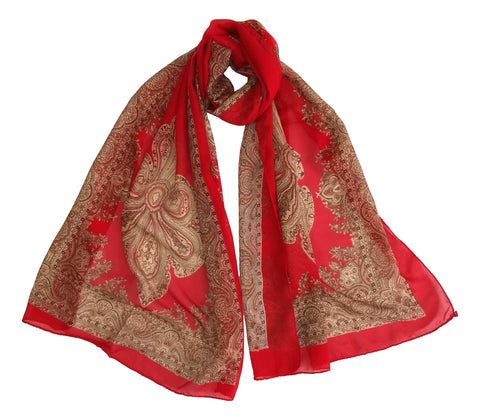 Long Sheer Chiffon Scarf Red Theme Paisley Print CHL428