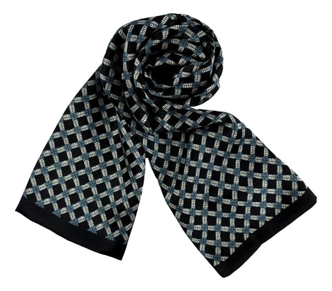 Long Silk Scarf for Men Black Theme Check Print SFM051