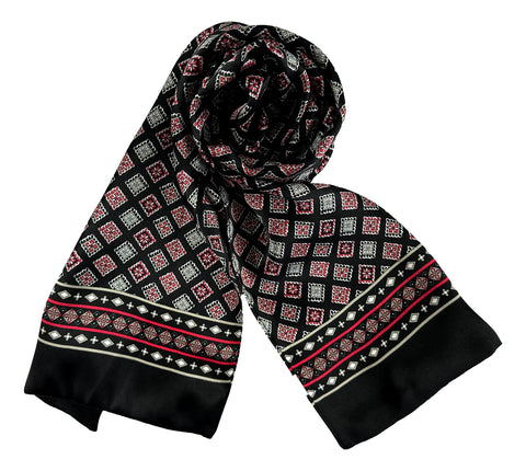 Long Silk Scarf for Men Black and Red Theme Squares Print SFM054