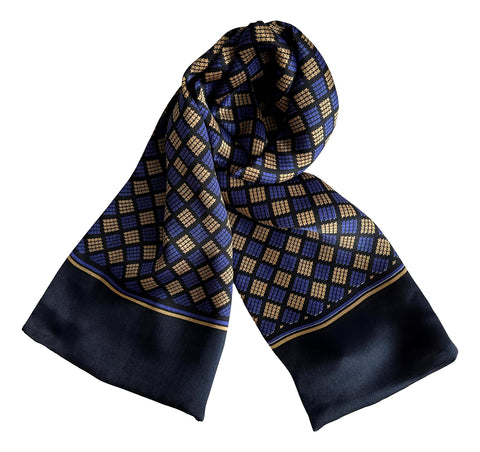 Long Silk Scarf for Men Indigo Theme Squares Print SFM055