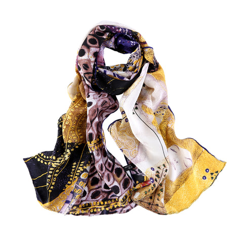 Long Crepe Silk Scarf Gold and Violet Classic Painting Print LSZ006