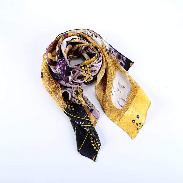 Long Crepe Silk Scarf Gold and Violet Classic Painting Print LSZ006