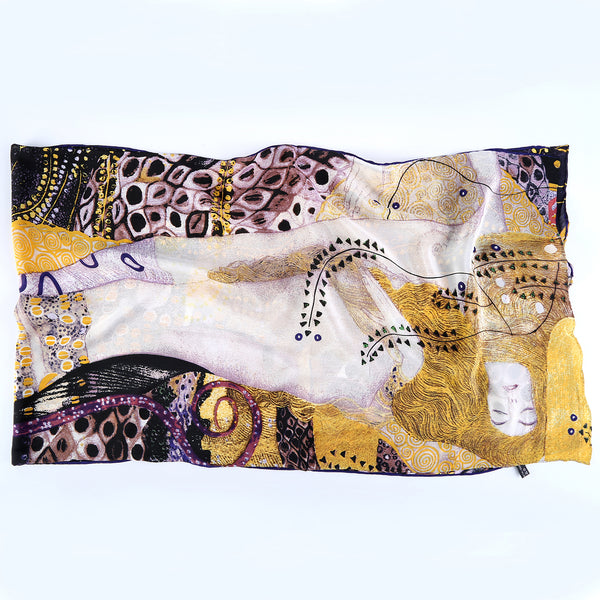 Long Crepe Silk Scarf Gold and Violet Classic Painting Print LSZ006