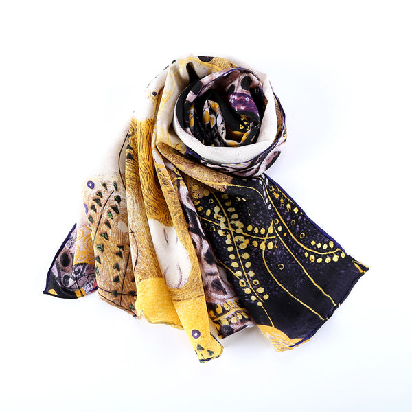 Long Crepe Silk Scarf Gold and Violet Classic Painting Print LSZ006