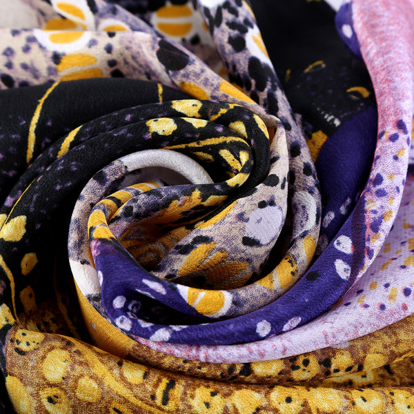 Long Crepe Silk Scarf Gold and Violet Classic Painting Print LSZ006