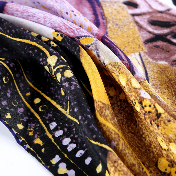 Long Crepe Silk Scarf Gold and Violet Classic Painting Print LSZ006