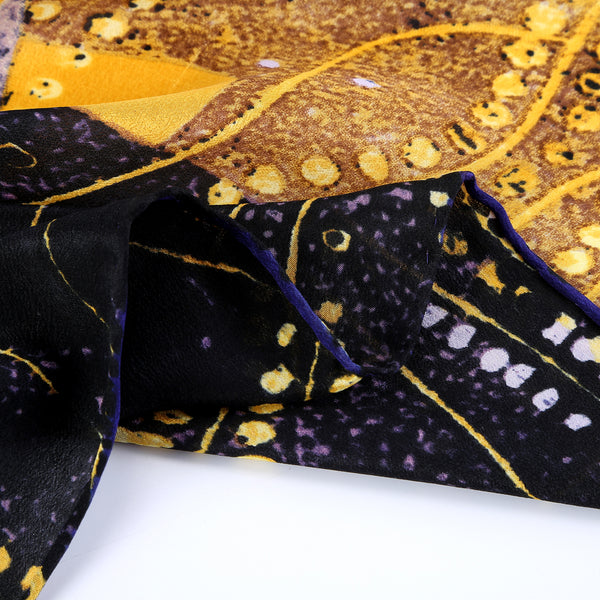 Long Crepe Silk Scarf Gold and Violet Classic Painting Print LSZ006