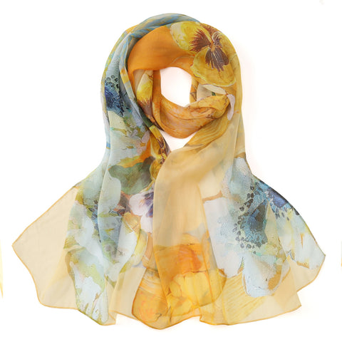 Long Silk Chiffon Scarf Yellow and White Floral Print SCH334