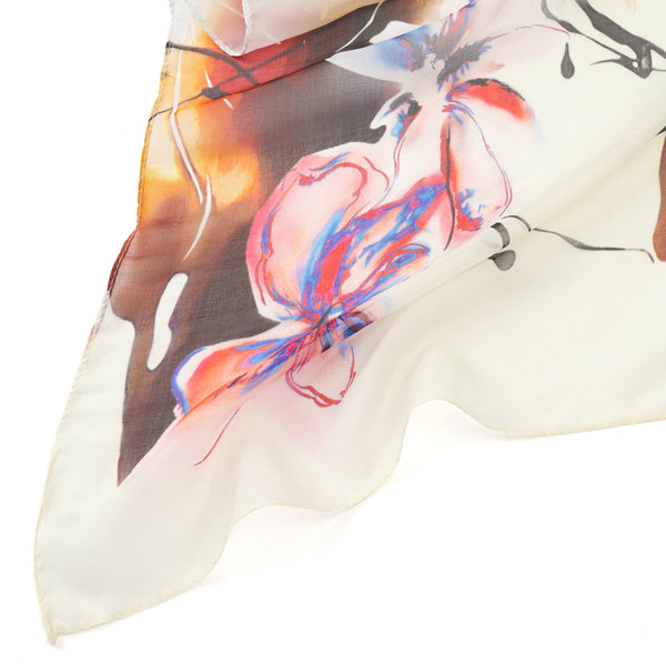 Long Silk Chiffon Scarf White and Brown Floral Print SCH318