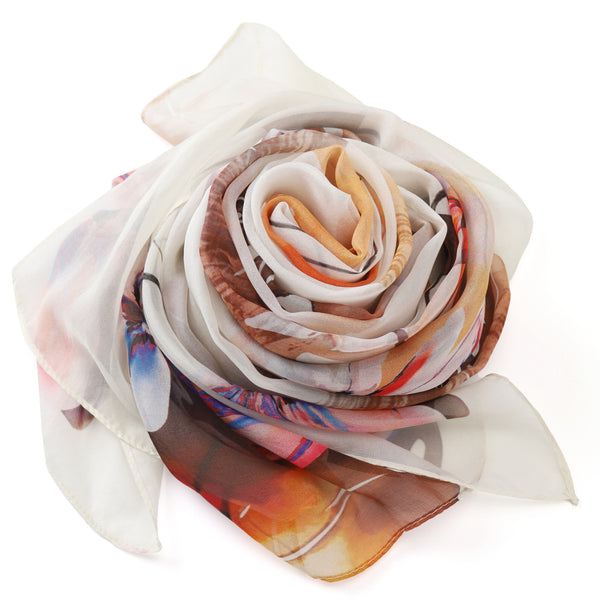 Long Silk Chiffon Scarf White and Brown Floral Print SCH318