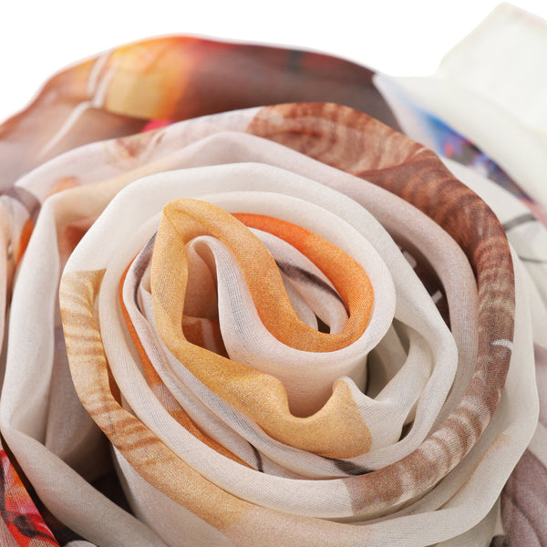 Long Silk Chiffon Scarf White and Brown Floral Print SCH318