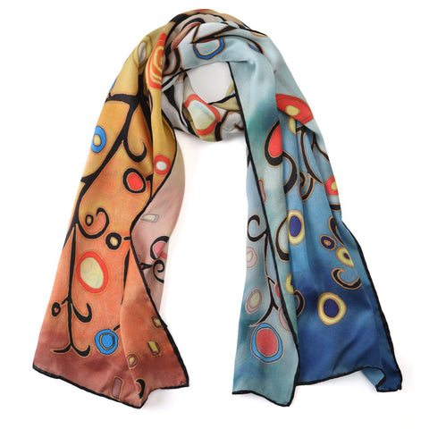 Long Charmeuse Silk Scarf with Classic Art Print Tree of Life Beige LZD147