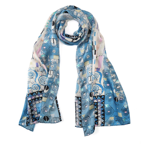 Long Charmeuse Silk Scarf with Classic Art Print Tree of Life Blue LZD148