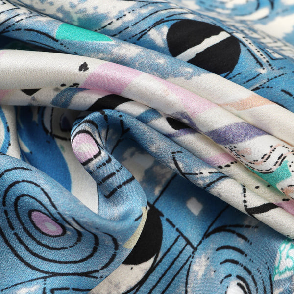 Long Charmeuse Silk Scarf with Classic Art Print Tree of Life Blue LZD148