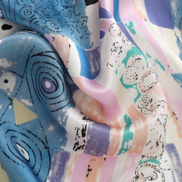 Long Charmeuse Silk Scarf with Classic Art Print Tree of Life Blue LZD148