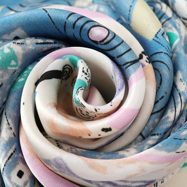 Long Charmeuse Silk Scarf with Classic Art Print Tree of Life Blue LZD148