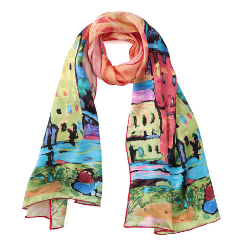 Long Charmeuse Silk Scarf with Classic Art Print Houses in Munich By Kandinsky LZD149