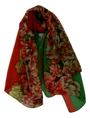 Extra Long Extra Wide Chiffon Scarf Red and Green Floral Print CHD333