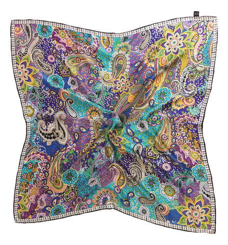 Large Square Silk Scarf Blue Theme Paisley Print SZD107