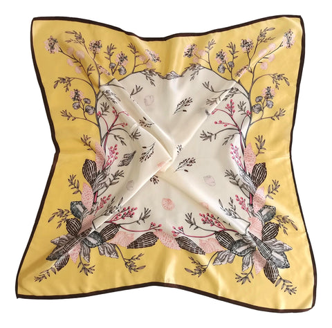 Large Square Silk Scarf Yellow Theme Floral Print SZD304