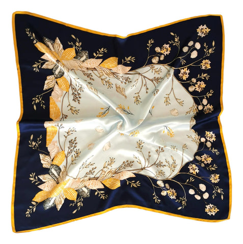Large Square Silk Scarf Navy Theme Floral Print SZD305