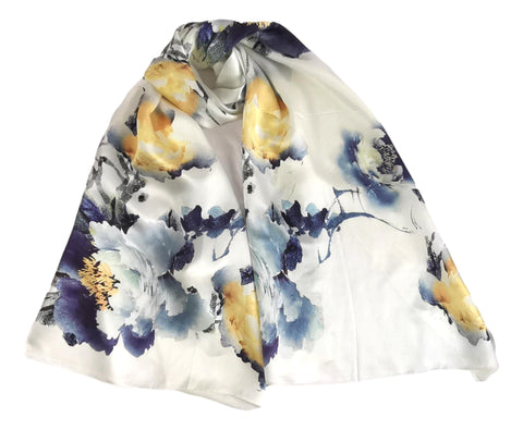 Long Charmeuse Silk Scarf White Floral Print LZD053