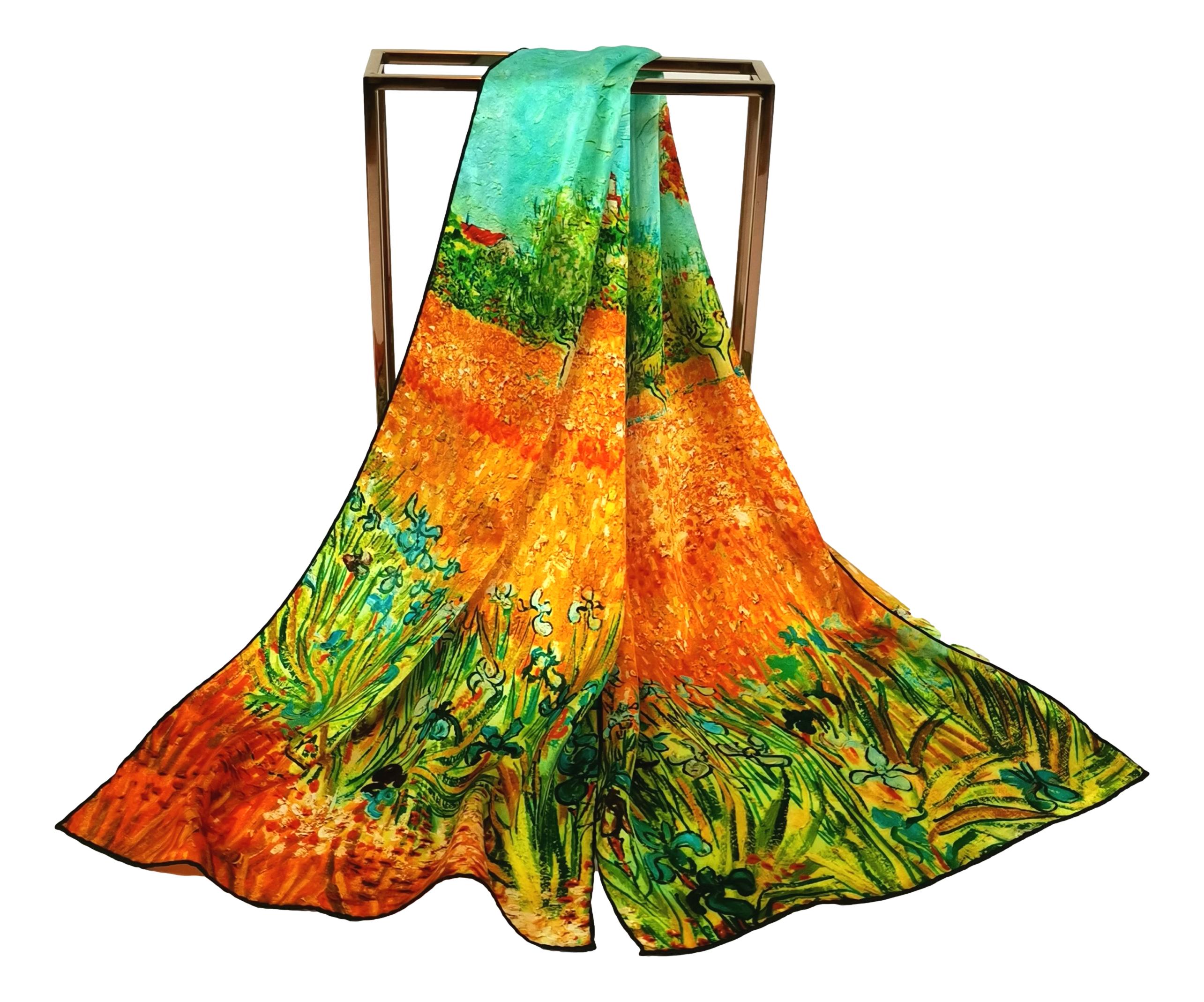 JW Silk Long Charmeuse Scarf – 100% Mulberry Silk With Classic Art Print (Orange Trees)