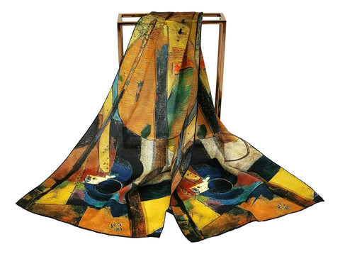 Long Crepe Silk Scarf Classic Painting Yellow and Brown Abstract Print LSZ038