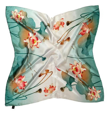 Large Square Charmeuse Silk Scarf Turquoise Theme Lotus Print DFJ107