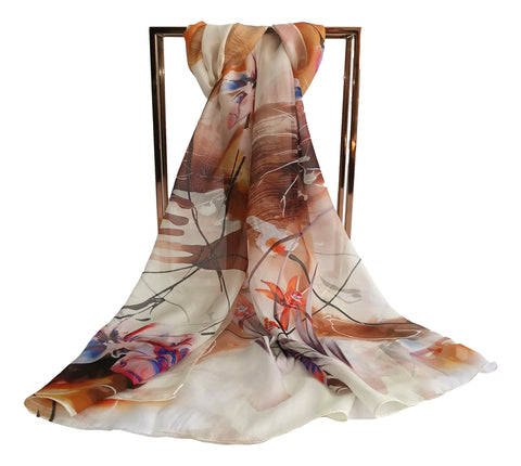 Long Silk Chiffon Scarf White and Brown Floral Print SCH318