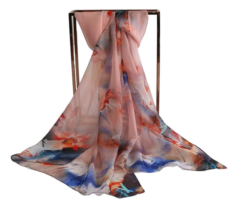 Long Silk Chiffon Scarf Pink and Blue Floral Print SCH319