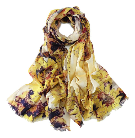 Yangtze Store 100% Wool Scarf Yellow and Purple Sunflower Print WO3012