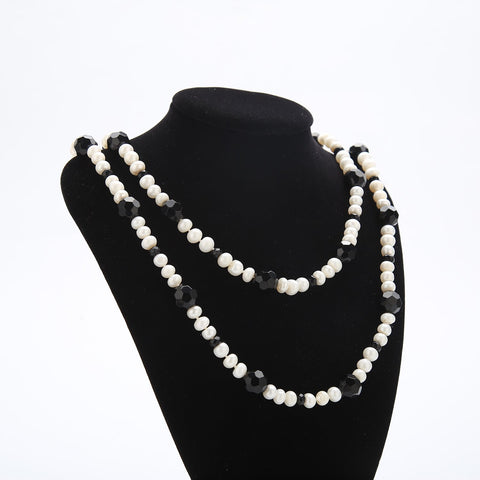 Yangtze Store 48" Endless Necklace Freshwater White Pearl with Black Beads PN222