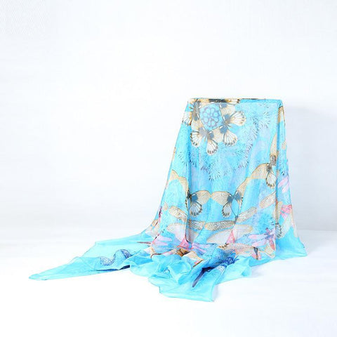 Yangtze Store Extra Large Square Chiffon Scarf Blue Theme Butterfly Print CHF103