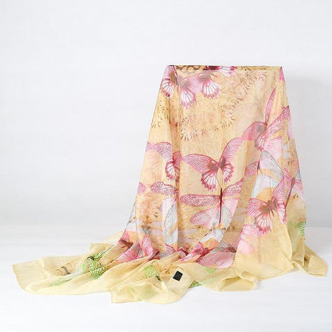 Yangtze Store Extra Large Square Chiffon Scarf Champagne Theme Butterfly Print CHF104