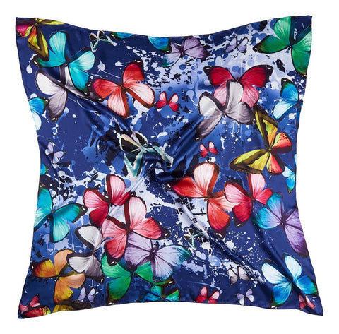 Extra Large Square Silk Scarf Blue Theme Butterfly Print DFD304