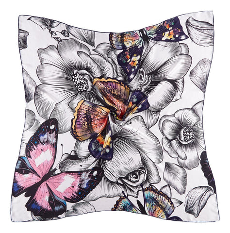 Extra Large Square Silk Scarf White and Pink Butterfly Print DFD301