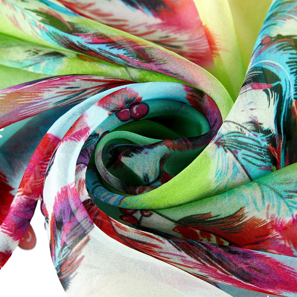 Extra Wide High Quality Silk Chiffon Scarf Green Theme Feathers Print SCH604