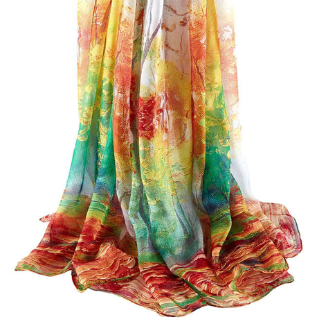 Extra Wide High Quality Silk Chiffon Scarf Maroon and Green Floral Print SCH606