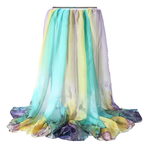 Yangtze Store Extra Wide High Quality Silk Chiffon Scarf Purple and Green Coral Print SCH515