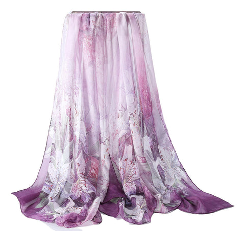 Yangtze Store Extra Wide High Quality Silk Chiffon Scarf Purple Theme Lily Print SCH501