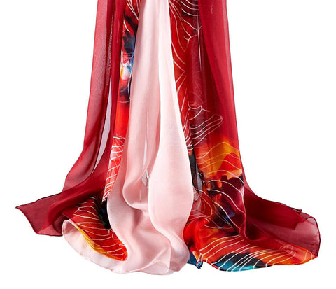 Extra Wide High Quality Silk Chiffon Scarf Red Floral Print SCH602