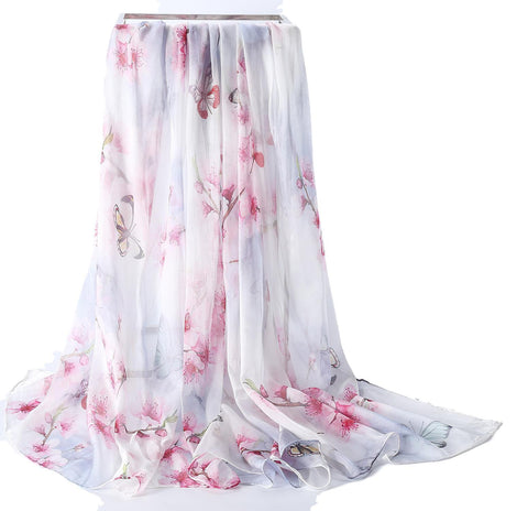 Yangtze Store Extra Wide High Quality Silk Chiffon Scarf White Theme Floral Print SCH503