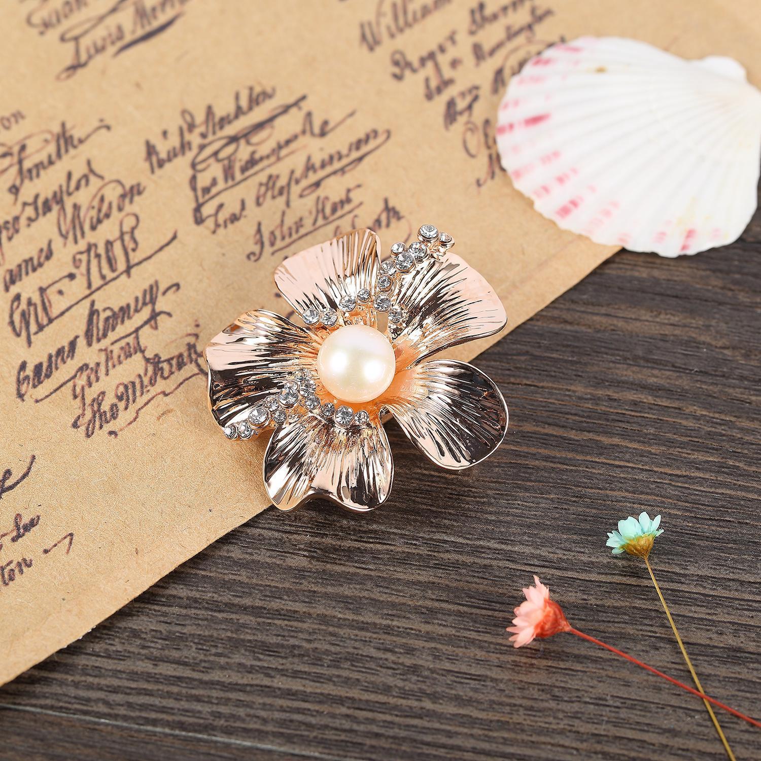 Lovely Vintage Floral Pearl Brooch with Rhinestone Accents