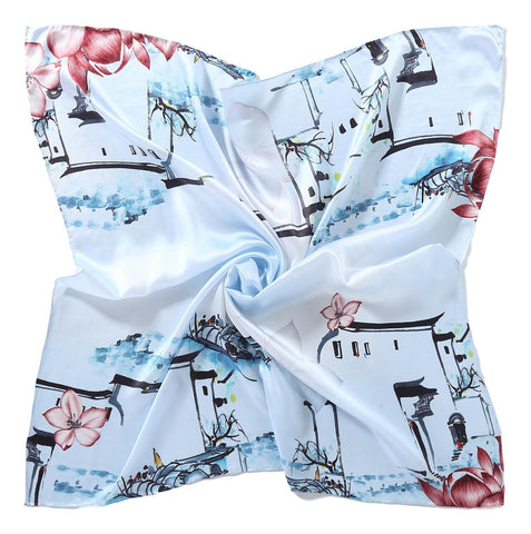 Large Square Charmeuse Silk Scarf Light Blue Traditional Chinese Water Color Painting DFJ105